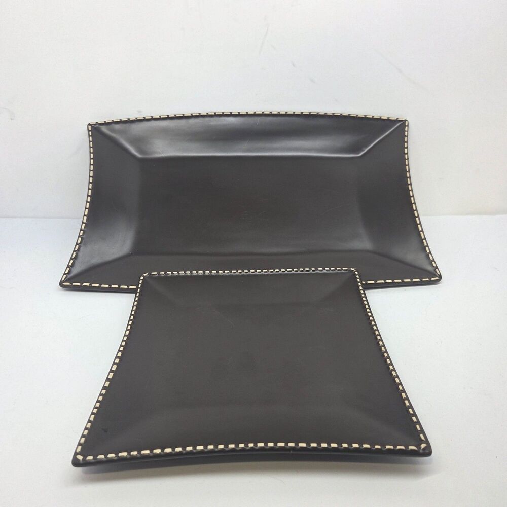 Mario Batali "Italian Stitch" Brown With Cream 14"X 9" Tray And 8" Square Plate